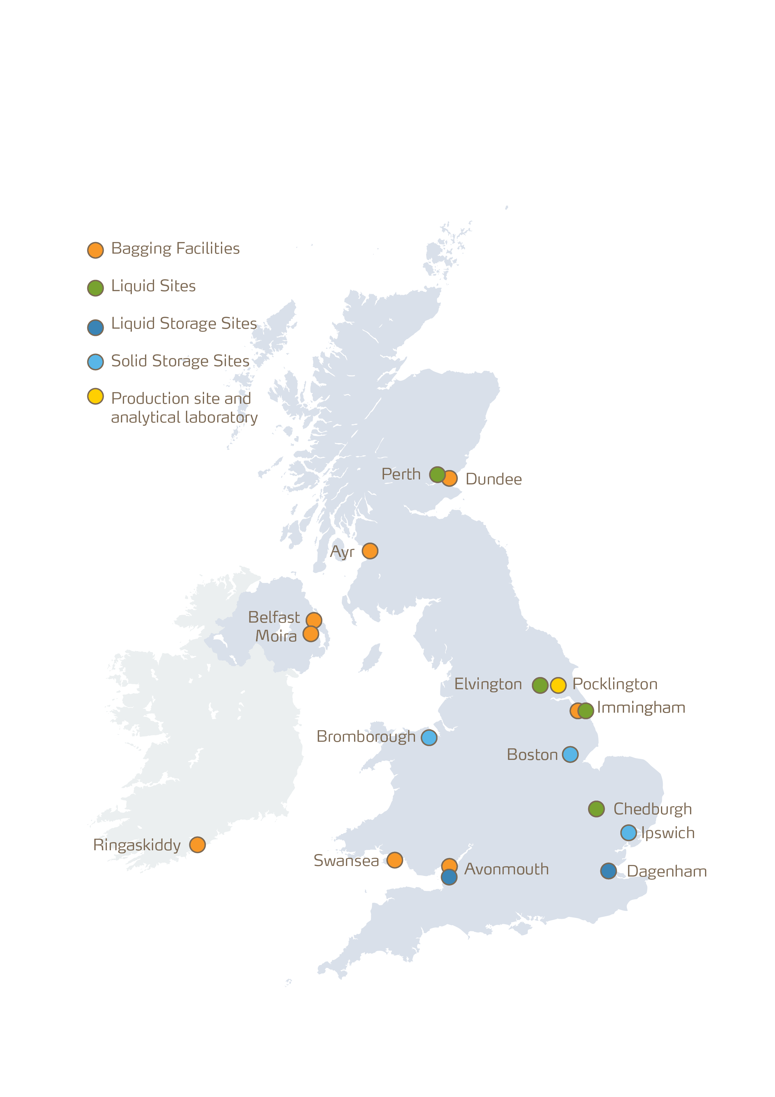 Image of United Kingdom showing locations of Yara Sites 