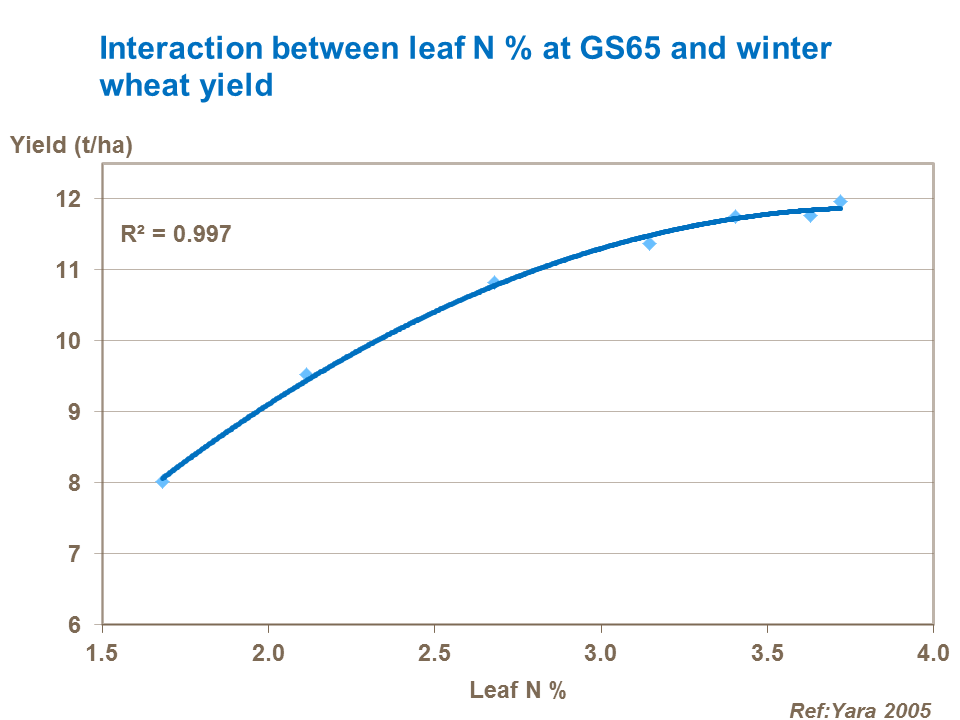 Interaction between leaf N % at GS65 and winter wheat yield